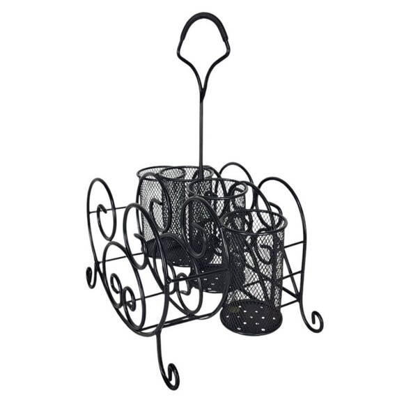 Vintage Black Metal Mesh Scroll Tabletop Utensil Napkin Buffet Caddy Organizer - Picture 11 of 14